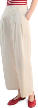MANGO Pleated High Waist Crop Wide Leg Cotton Pants