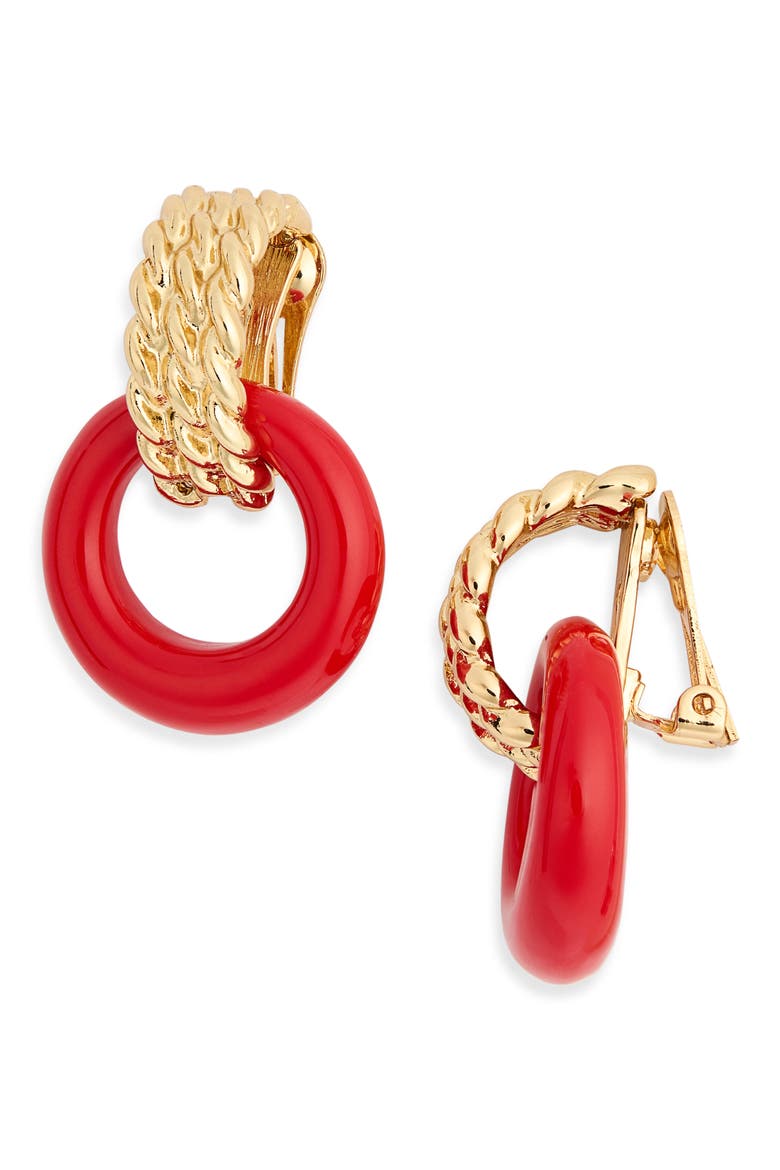 Red Doorknocker Clip-On Earrings, Main, color, PEARL GOLD