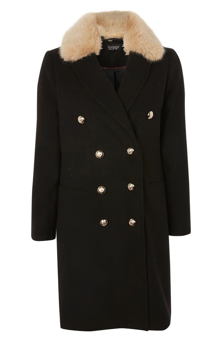 Topshop Nina Faux Fur Collar Double Breasted Coat, Alternate, color,
