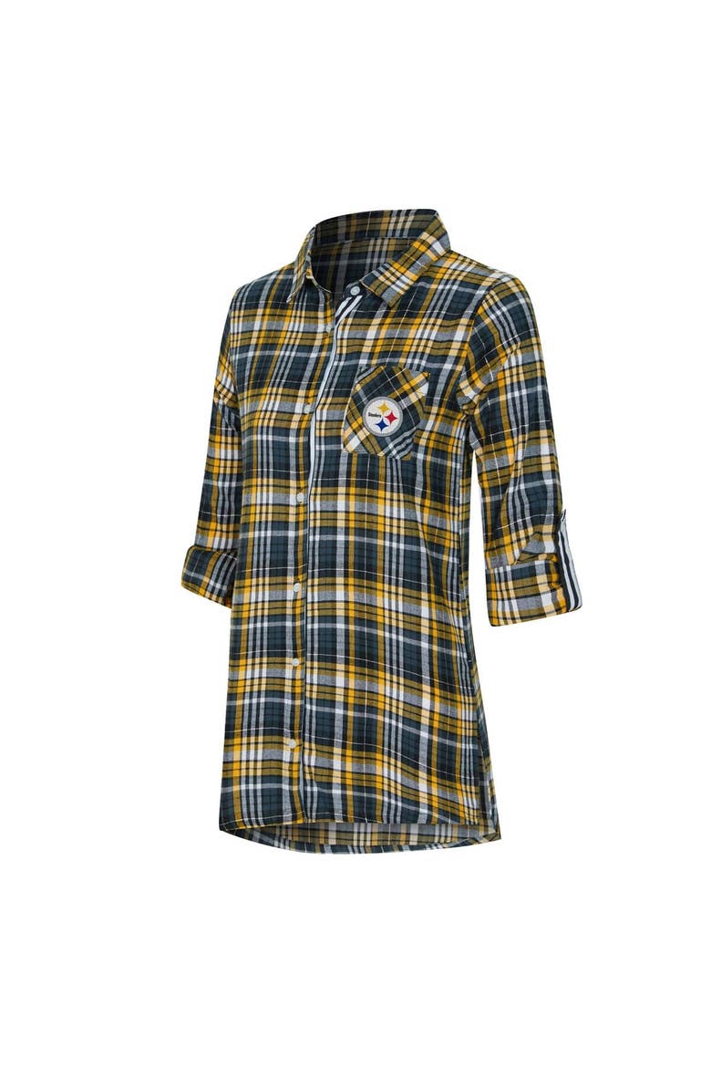 Women's Concepts Sport Black Pittsburgh Steelers Laney Plaid Tri-Blend Full-Button Nightshirt, Alternate, color, Black