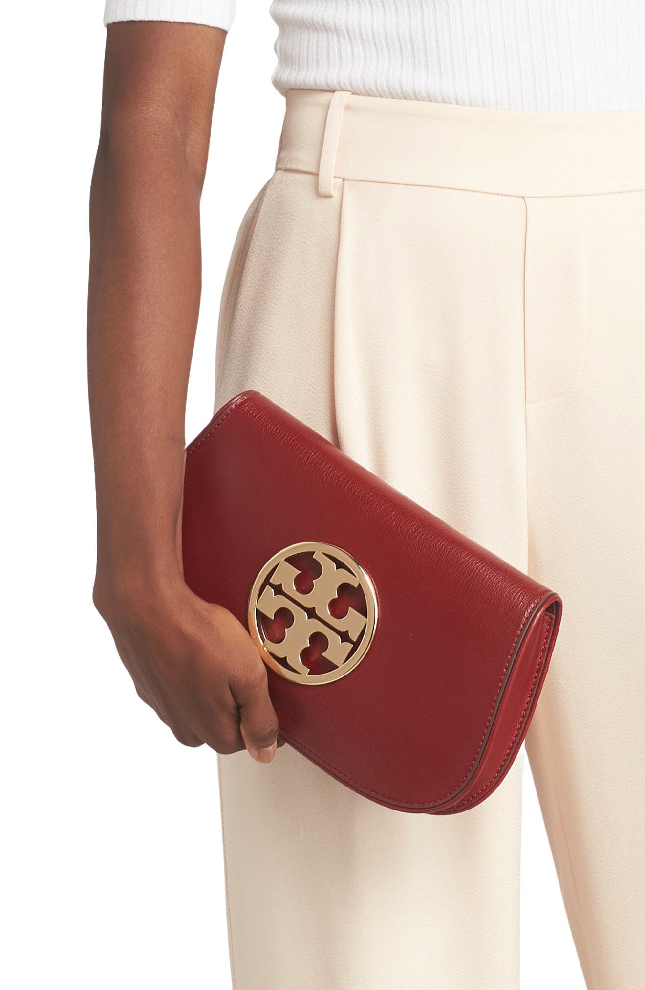 Tory Burch Reva Leather Clutch, Alternate, color, Brick