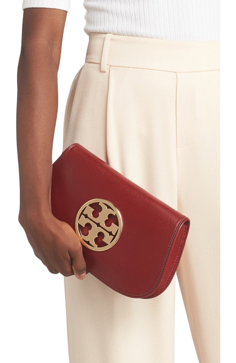 Tory Burch Reva Leather Clutch, Alternate, color, Brick