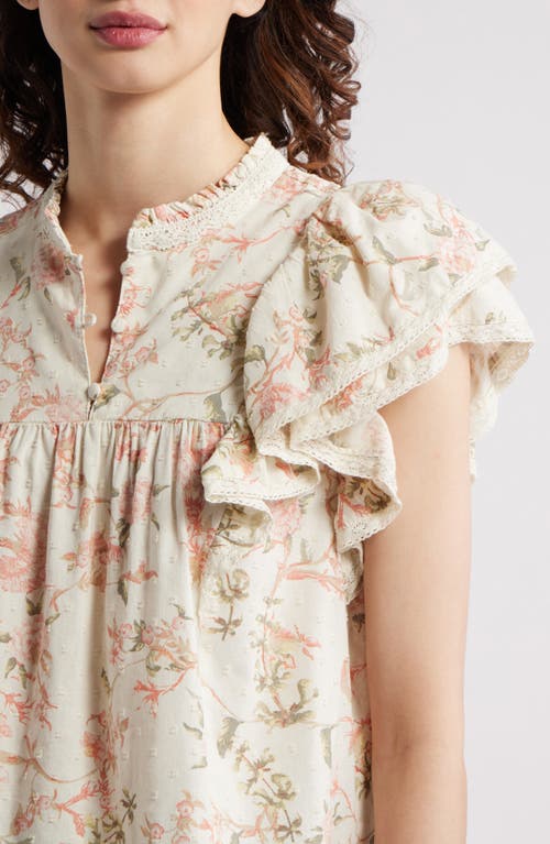 Treasure & Bond Ruffle Sleeve Clip Dot Top In Ivory- Coral Trail Blooms