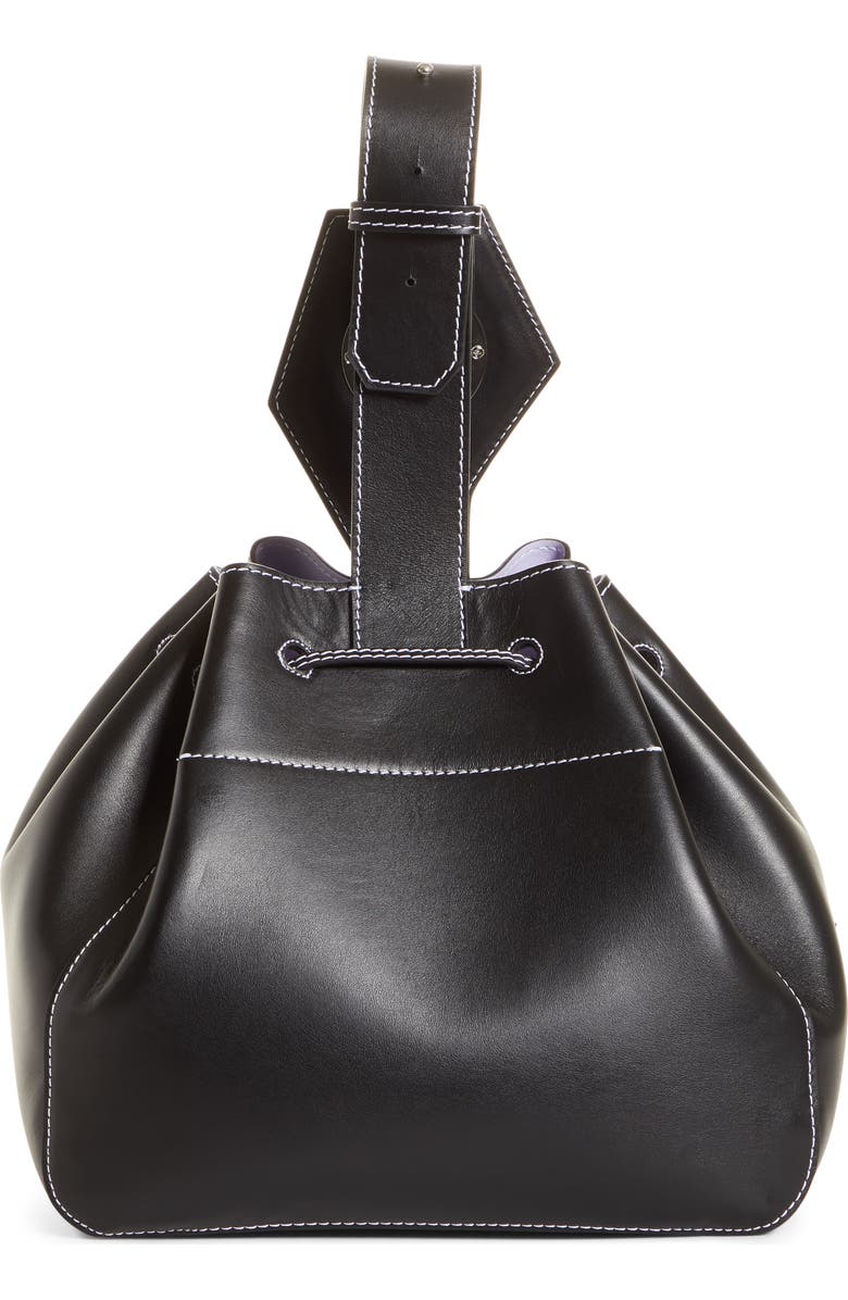 Ganni Large Drawstring Leather Bag, Alternate, color,