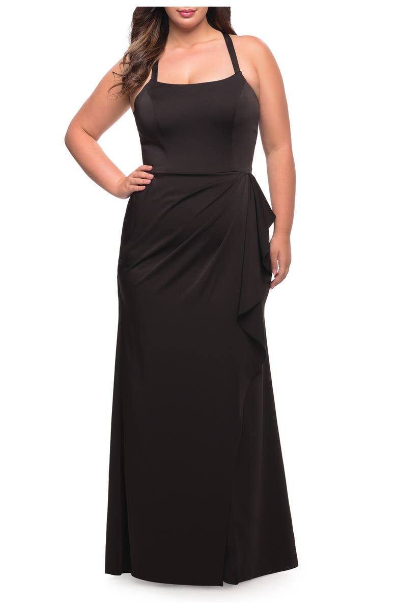 La Femme Elegant Jersey Gown with Ruffle Slit Detail, Alternate, color, Black