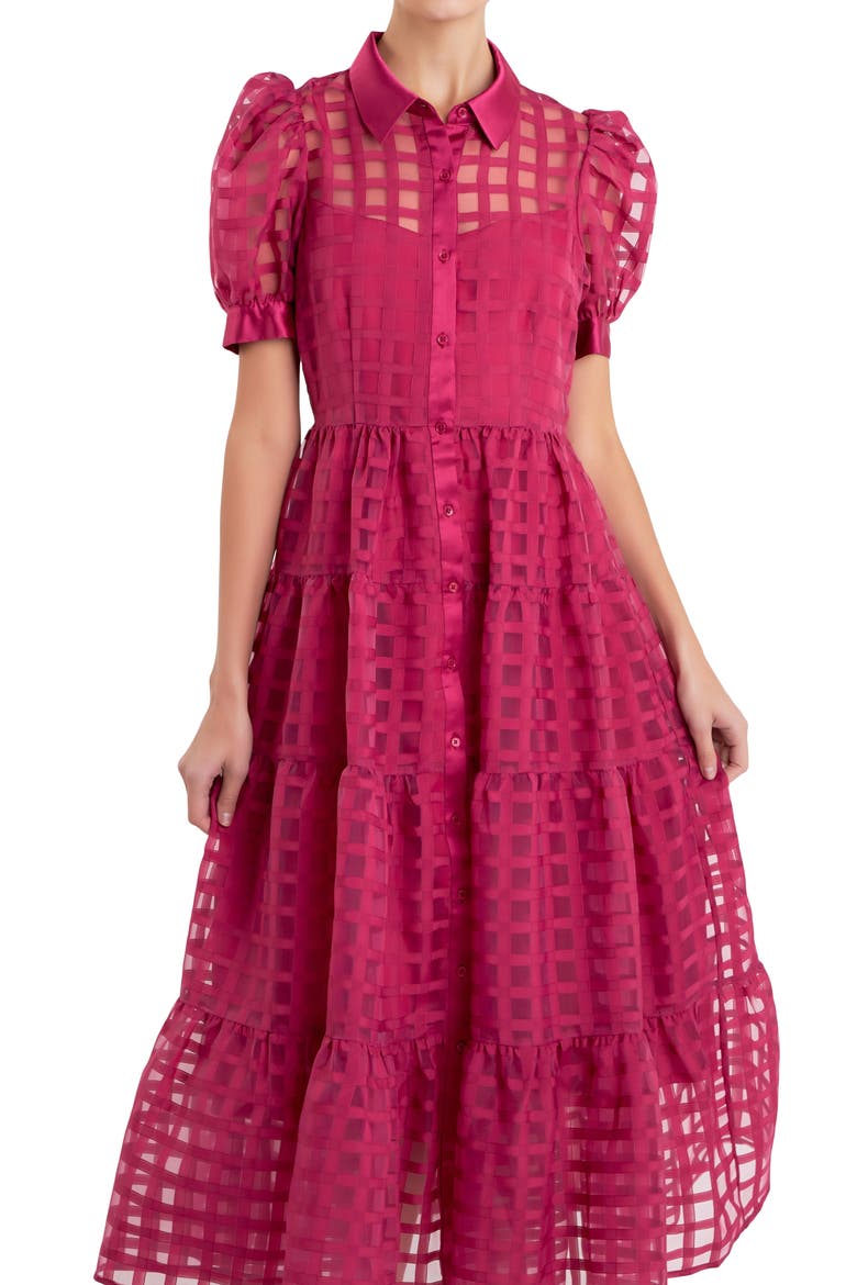 Grid Pattern Tiered Midi Shirtdress, Alternate, color, BORDEAUX