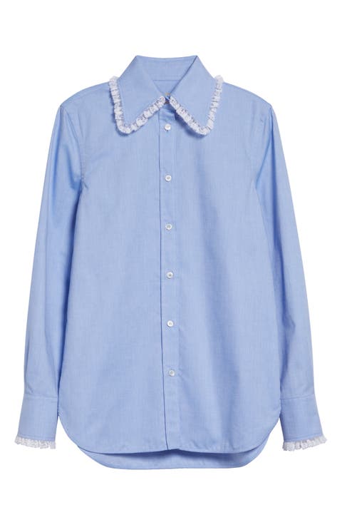 Lace Trim Cotton Oxford Button-Up Shirt