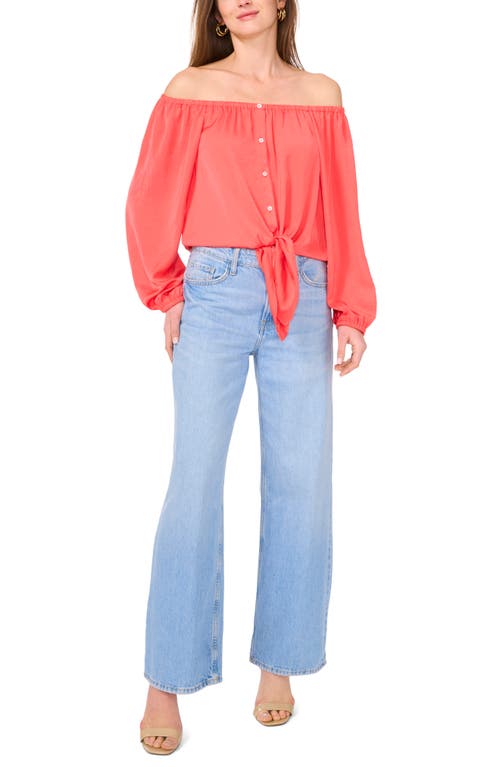 Vince Camuto Off The Shoulder Tie Hem Button-up Top In Cayenne