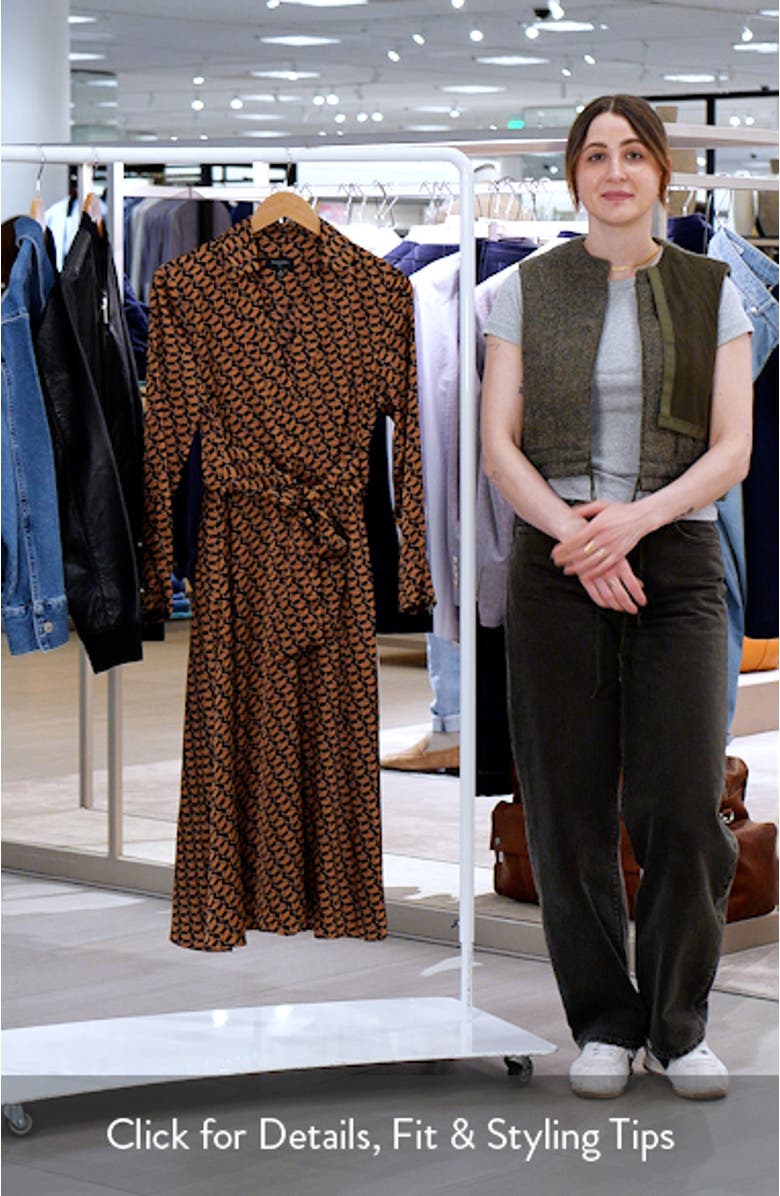 Printed Long Sleeve Faux Wrap Matte Satin Shirtdress, sales video thumbnail