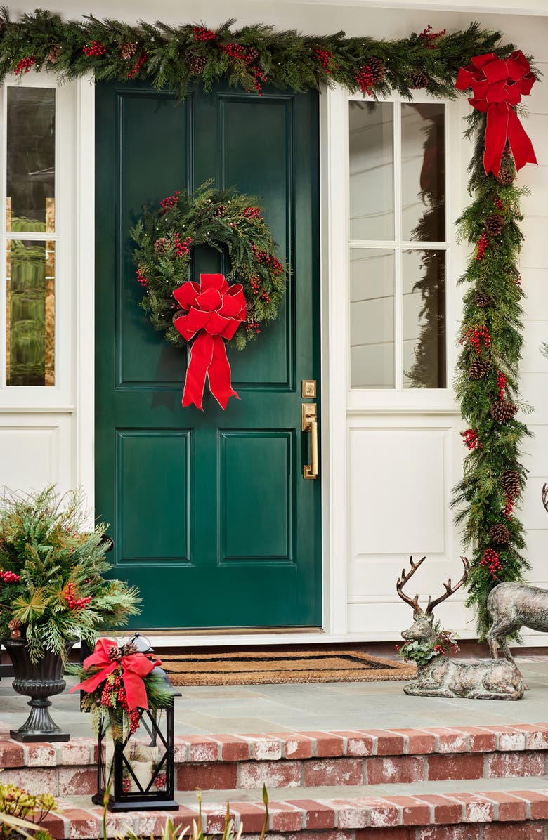 Balsam Hill Red Berry Pine Pre Lit Outdoor Wreath, Alternate, color, Red