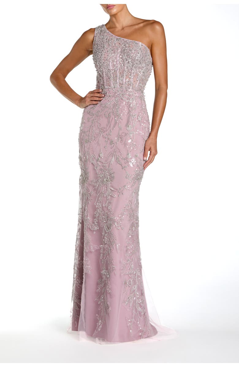 Mac Duggal Embellished One-Shoulder Corset Bodice Column Gown, Main, color, Lilac