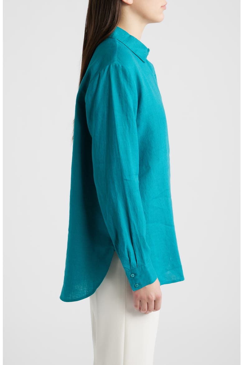 Classic Collar Organic Linen Long Button-Up Shirt, Alternate, color, TEAL