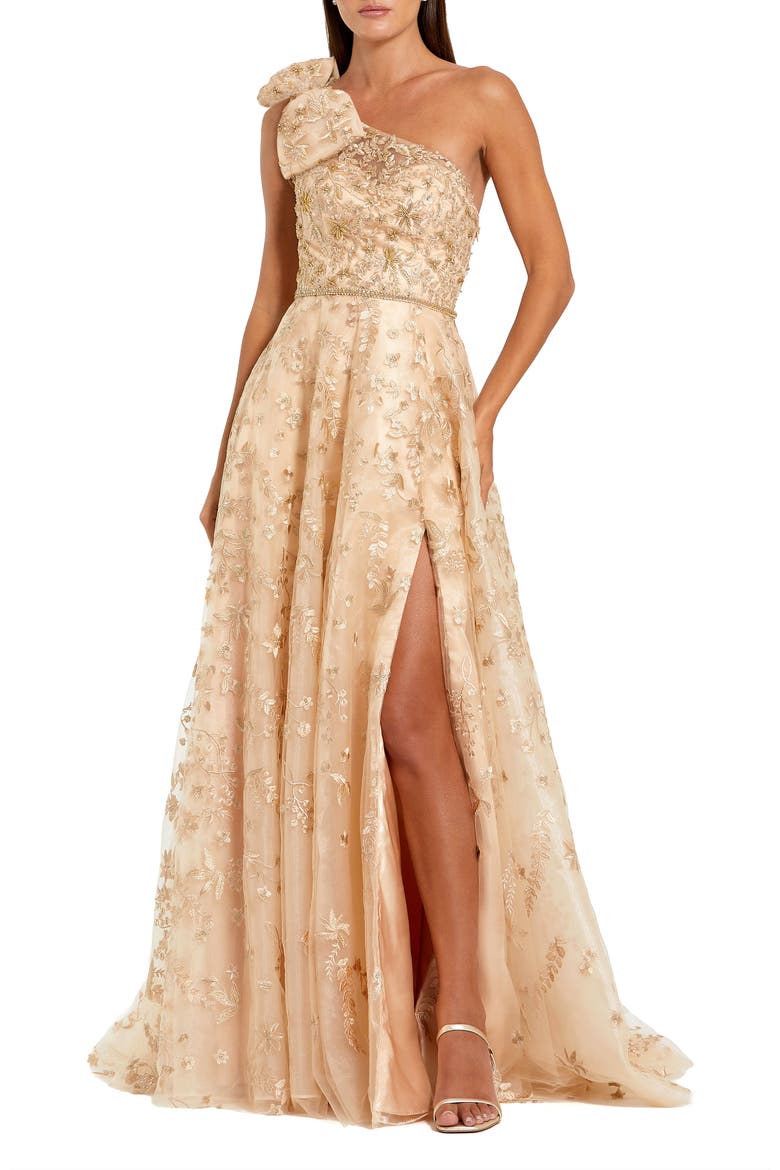 Embellished Bow One Shoulder A Line Gown, Main, color, Champagne