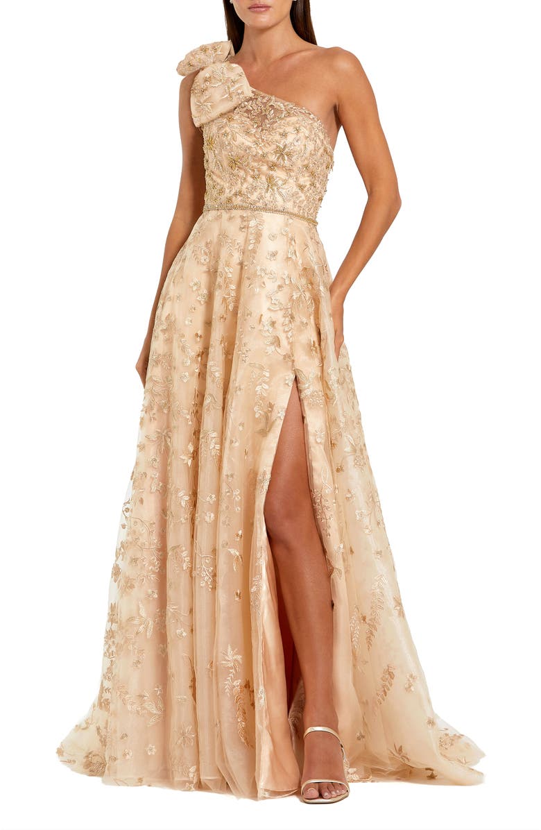 Mac Duggal Embellished Bow One Shoulder A Line Gown, Main, color, Champagne