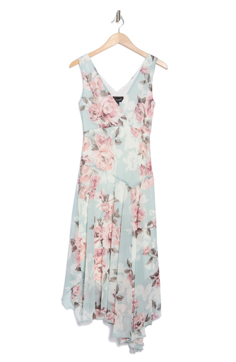 Connected Apparel Floral Sleeveless Asymmetric Hem Chiffon Midi Dress, Alternate, color, 