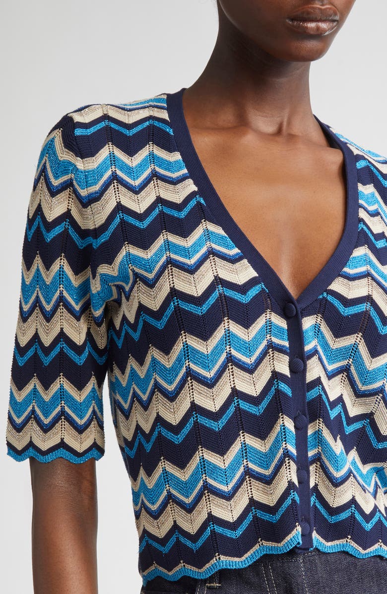 Ramy Brook Alec Chevron Metallic Stripe Cotton Blend Cardigan, Alternate, color, Spring Navy Chevron