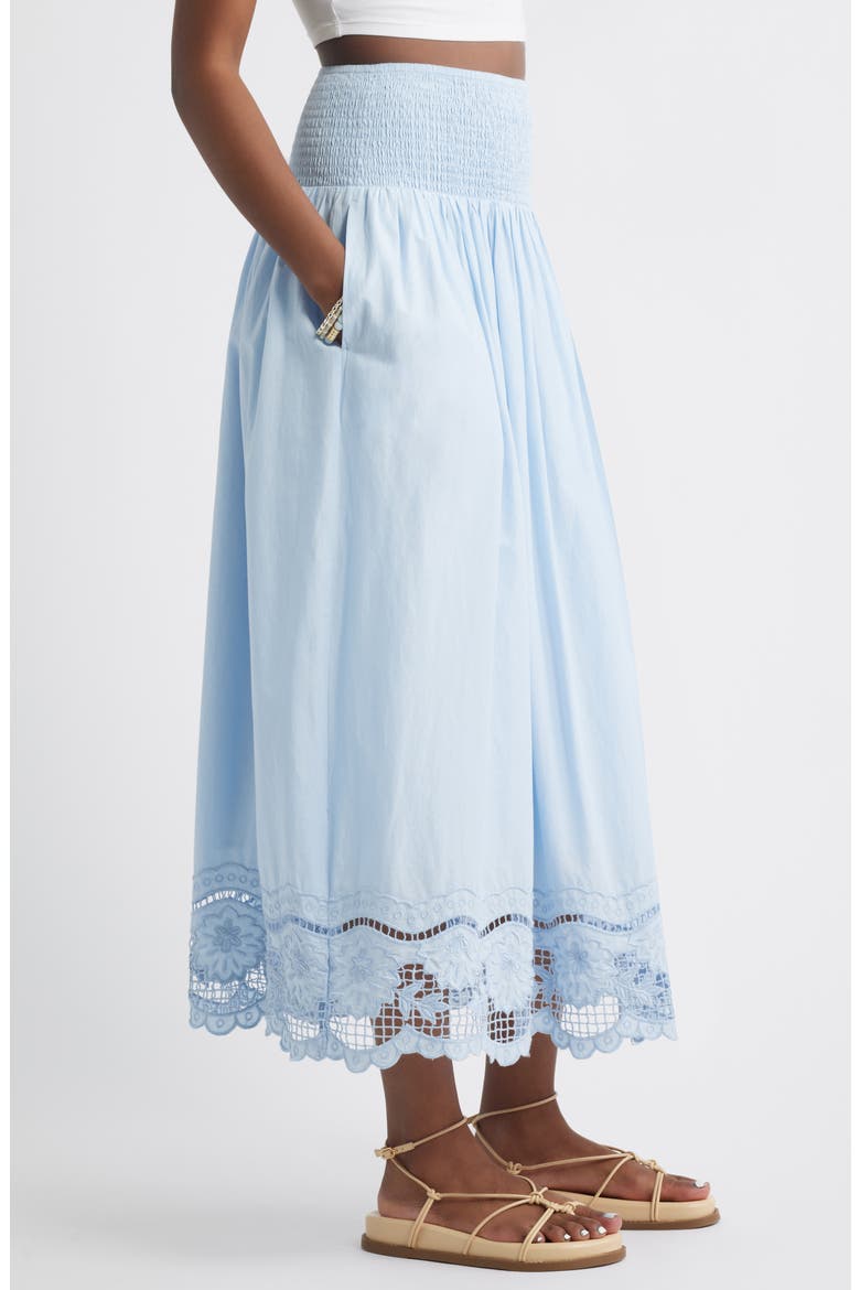 Embroidered Eyelet Cotton Smocked Waist Skirt, Alternate, color, BLUE SKYWAY