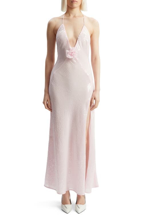 Bardot Aradia Rosette Sequin Plunge Halter Gown In Light Pink