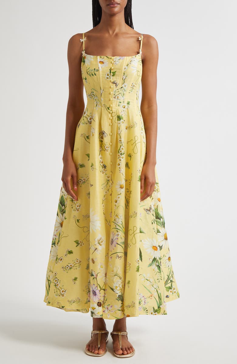 Camilla Daisy Chains Fit & Flare Linen & Silk Corset Dress, Main, color,