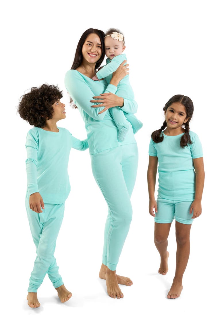 Kids Short Sleeve Cotton Solid Matching Family Pajamas, Alternate, color, AQUA