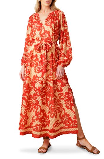 Flying Tomato Long Sleeve Textured Midi Dress In Taupe Red