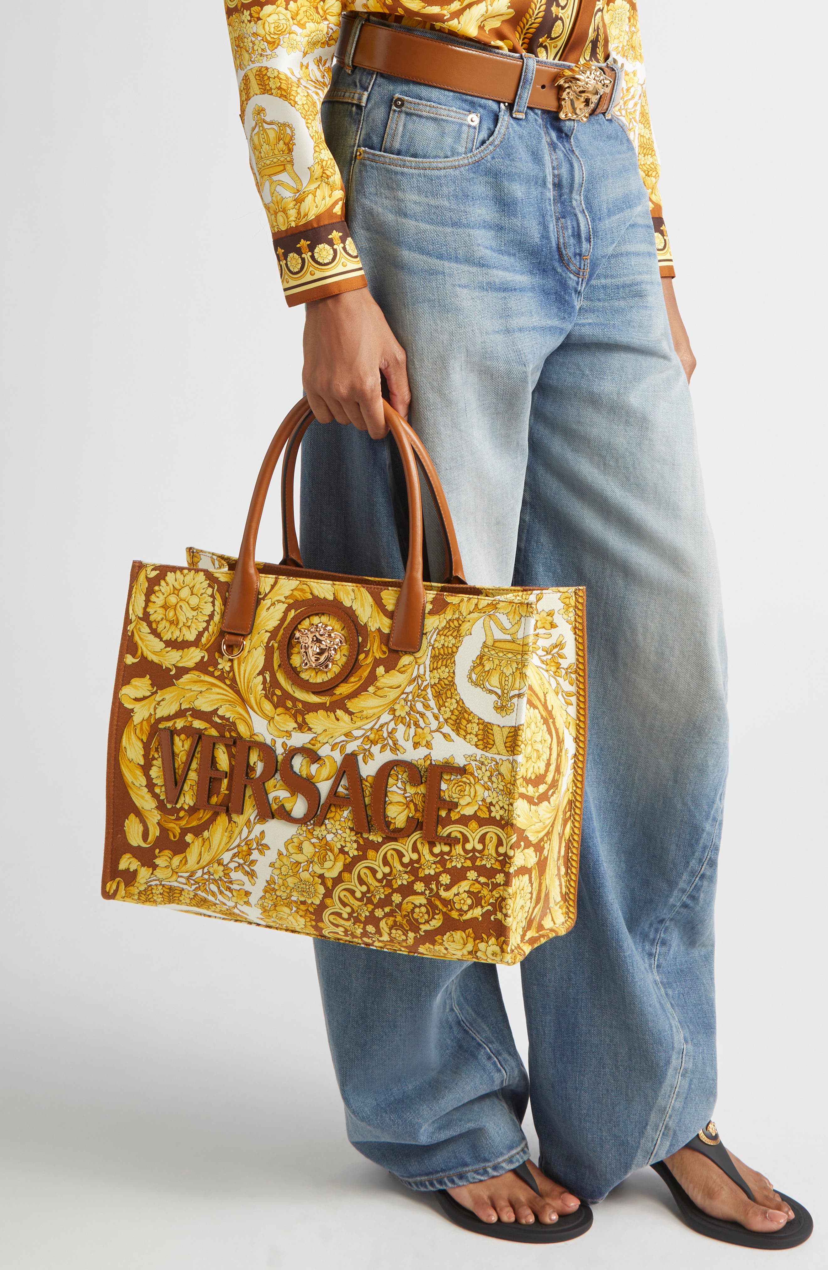Versace La Medusa Logo Floral Canvas Tote, Alternate, color, 