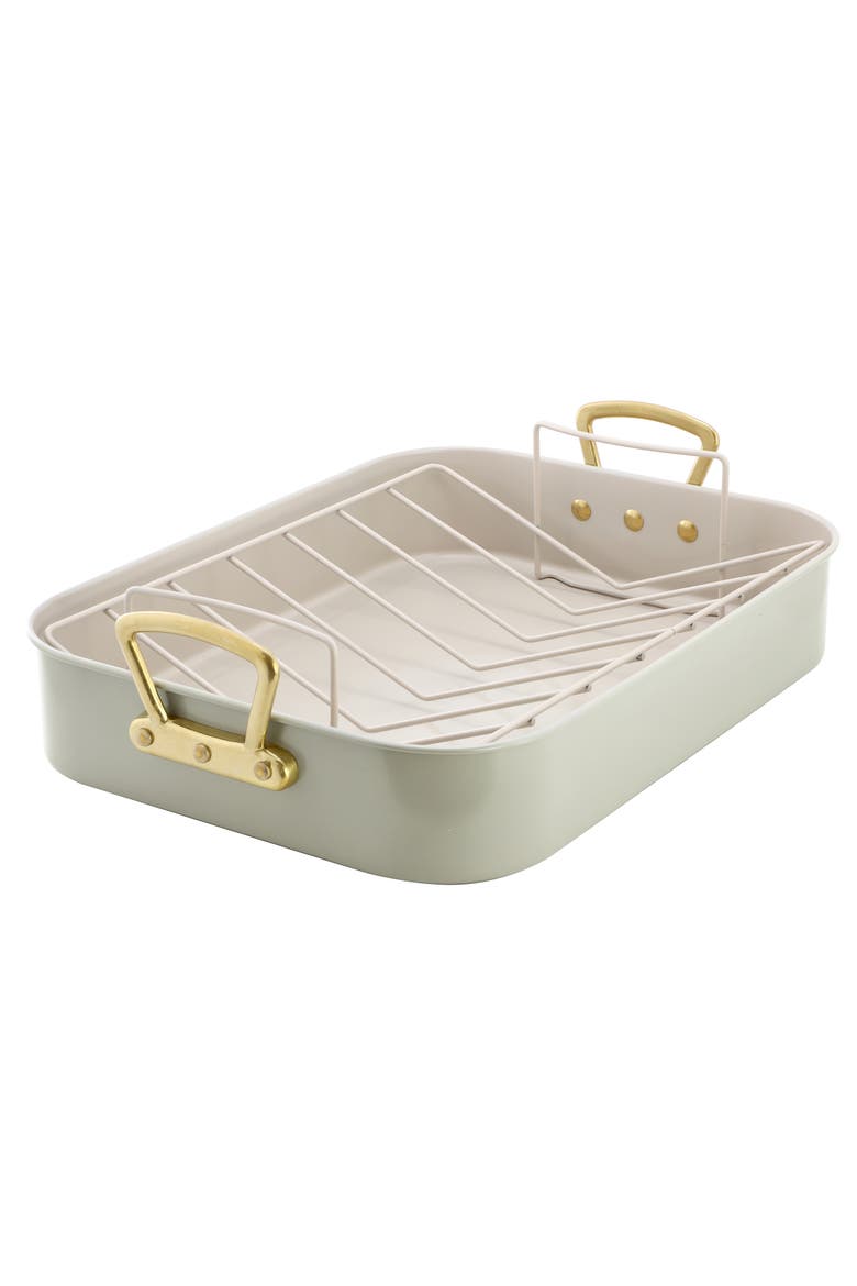 2 Piece Nonstick Steel Roaster Pan in Green with Rack, Main, color, Green