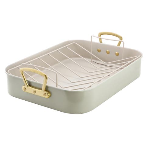 2 Piece Nonstick Steel Roaster Pan in Green with Rack