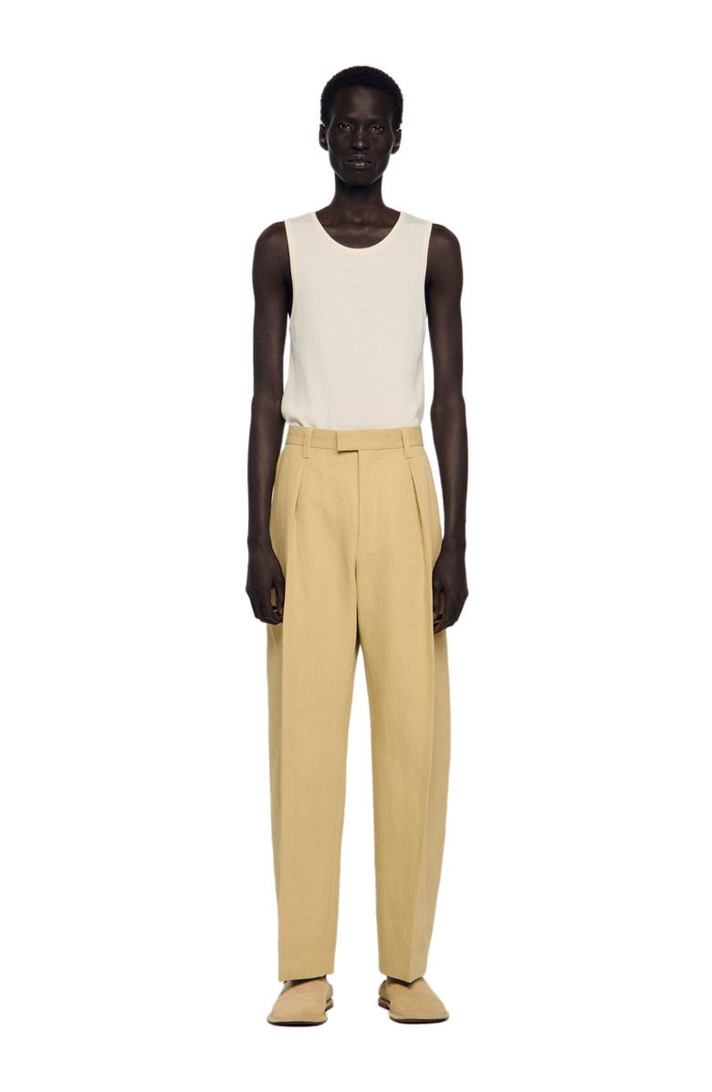 SANDRO Wide pleated cotton-linen trousers, Main, color, Beige