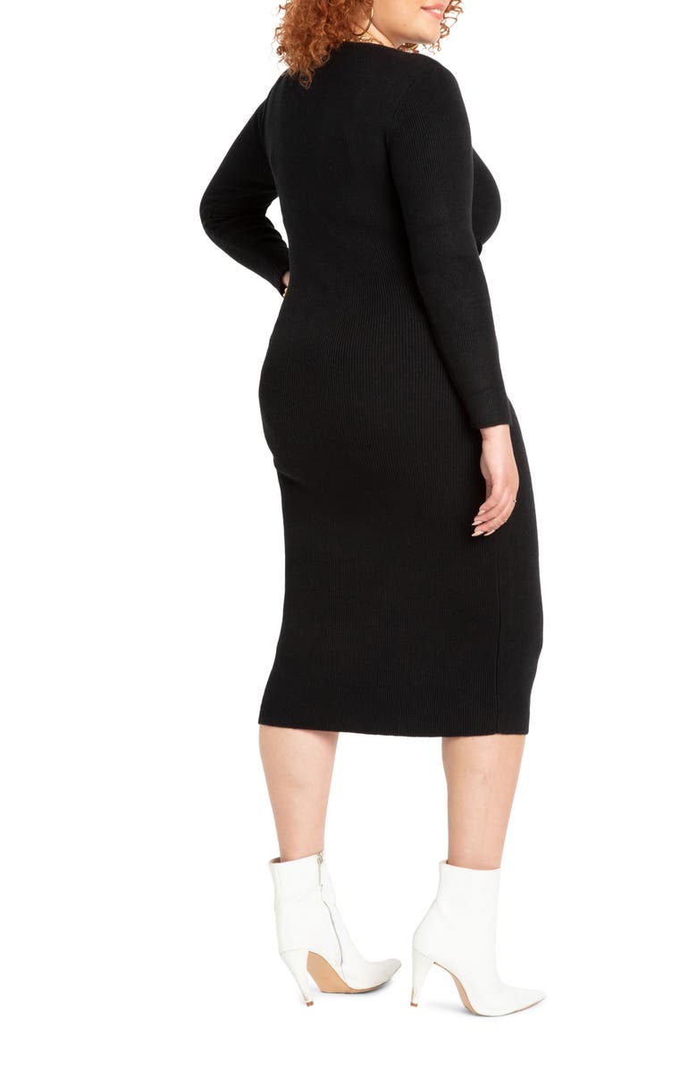 ELOQUII Tie Waist Long Sleeve Midi Sweater Dress, Alternate, color,
