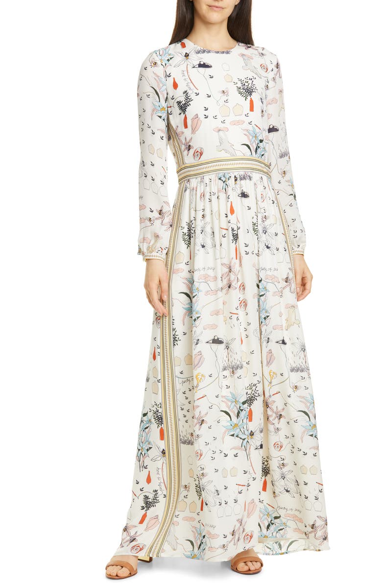 Tory Burch Patchwork Print Long Sleeve Silk Maxi Dress, Main, color, 