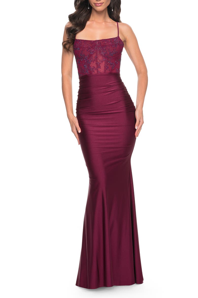 Ruched Jersey Dress with Illusion Corset Lace Top, Main, color, Dark Berry