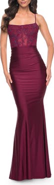La Femme Ruched Jersey Dress with Illusion Corset Lace Top