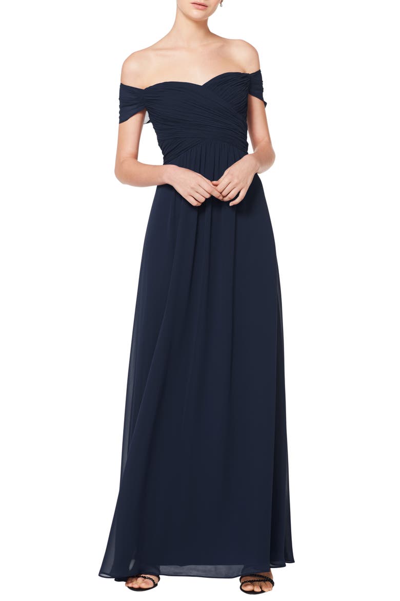 Off the Shoulder Chiffon A-Line Gown, Main, color, NAVY