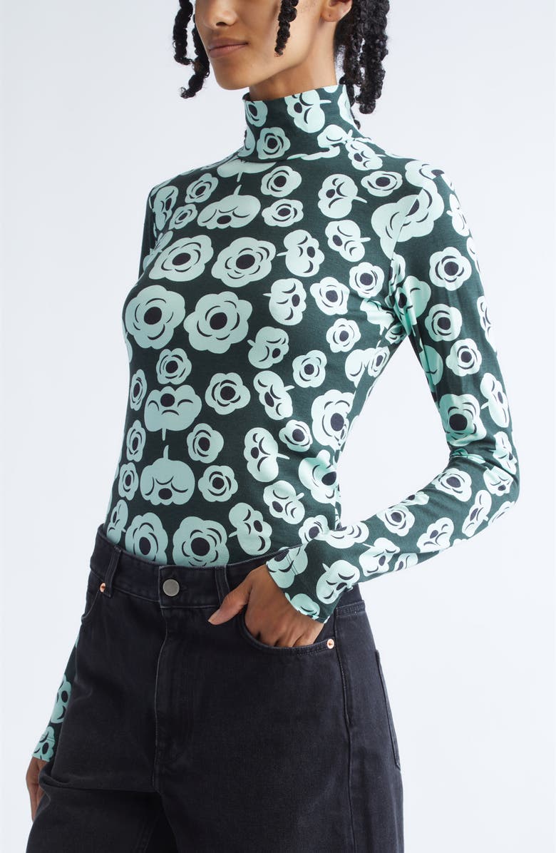 Marimekko Armas Tumma Floral Turtleneck Top, Alternate, color, Dark Green Turquoise Black