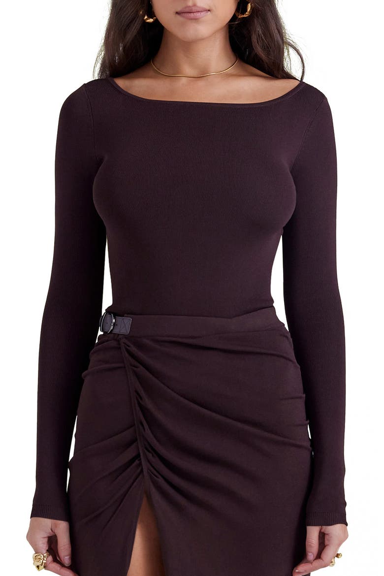 Inoe Long Sleeve Rib Bodysuit, Main, color, BROWN