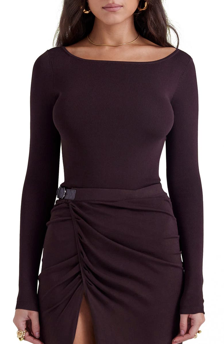 HOUSE OF CB Inoe Long Sleeve Rib Bodysuit, Main, color, Brown