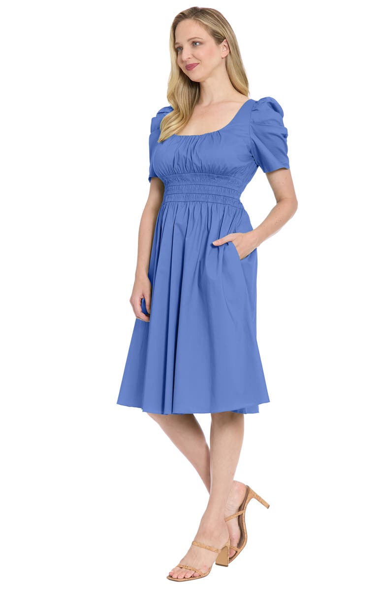 London Times Puff Sleeve Smocked Waist Dress, Alternate, color, Granada Sky