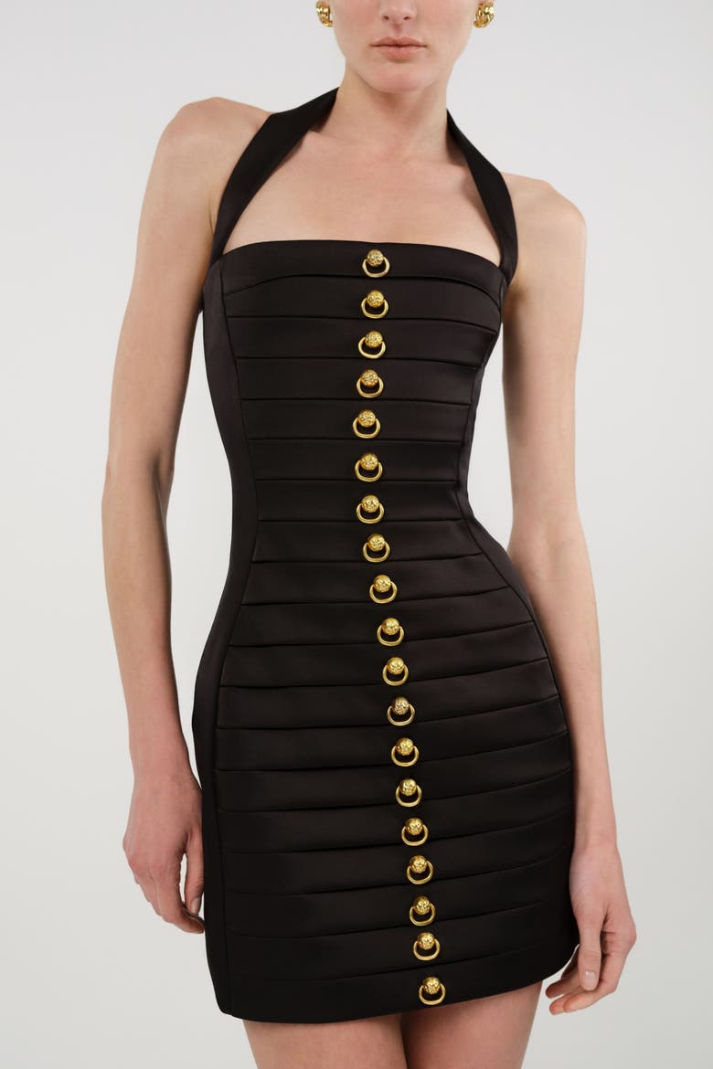 Pleated Detail Embellished Mini Dress, Alternate, color, Black