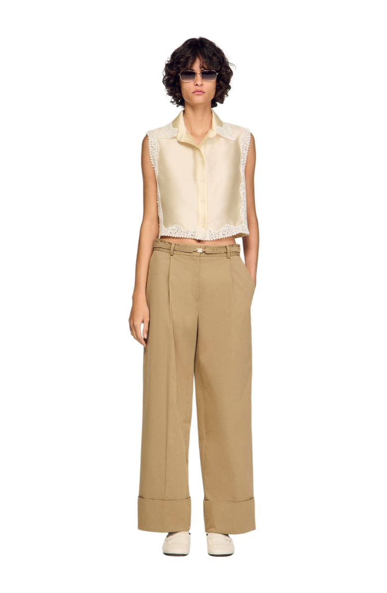 SANDRO Cropped shirt with lace detail, Alternate, color, Ecru