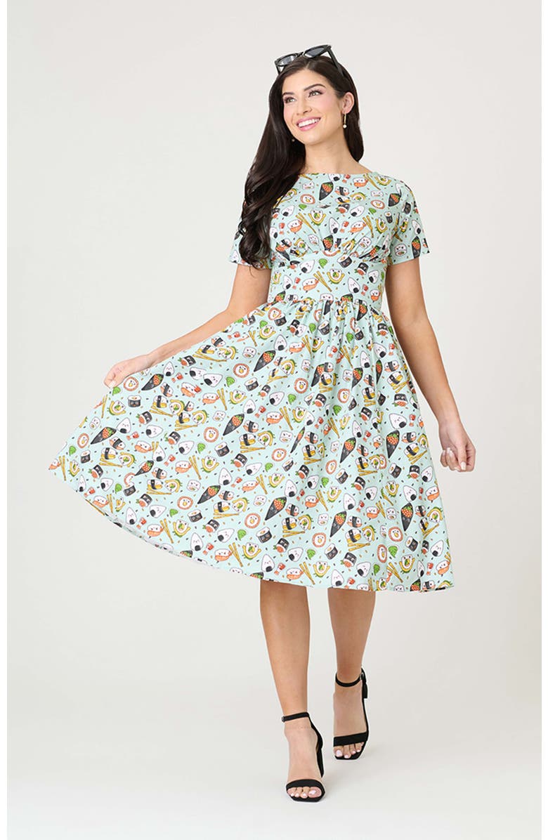 Unique Vintage Smocked Back Swing Dress, Main, color, Green Sushi Print