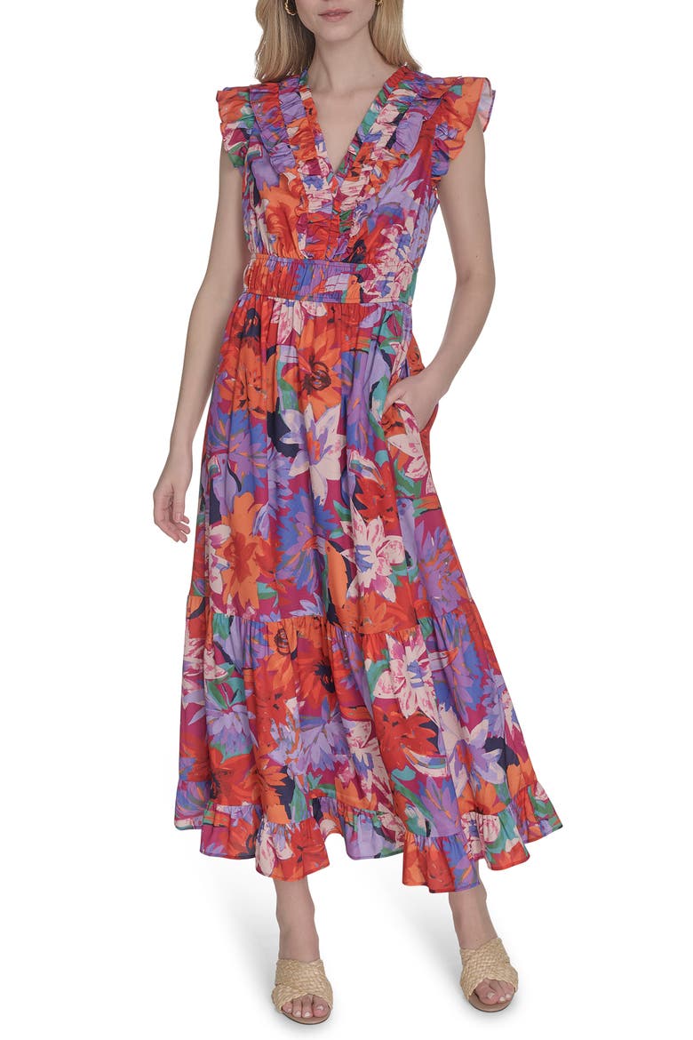 Floral Print Ruffle Dress, Main, color, PURPLE MULTI