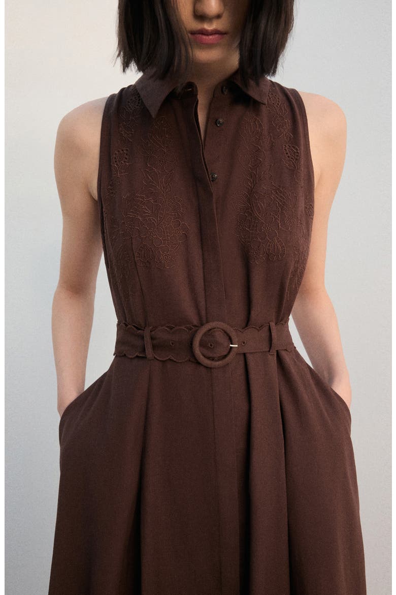 Floral Embroidered Belted Cotton & Linen Shirtdress, Alternate, color, BROWN