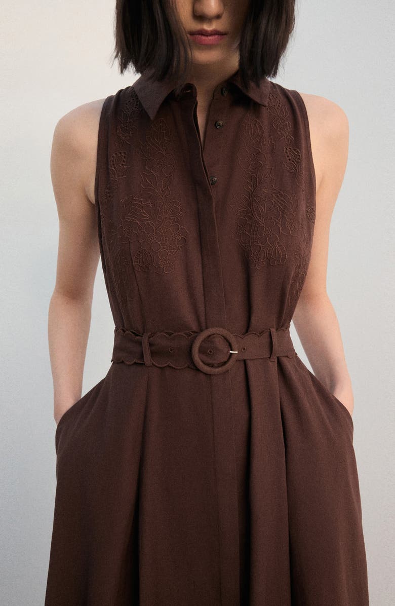 MANGO Floral Embroidered Belted Cotton & Linen Shirtdress, Alternate, color, Brown