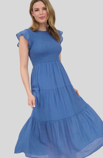 Flutter Sleeve Smocked Tiered Midi Dress