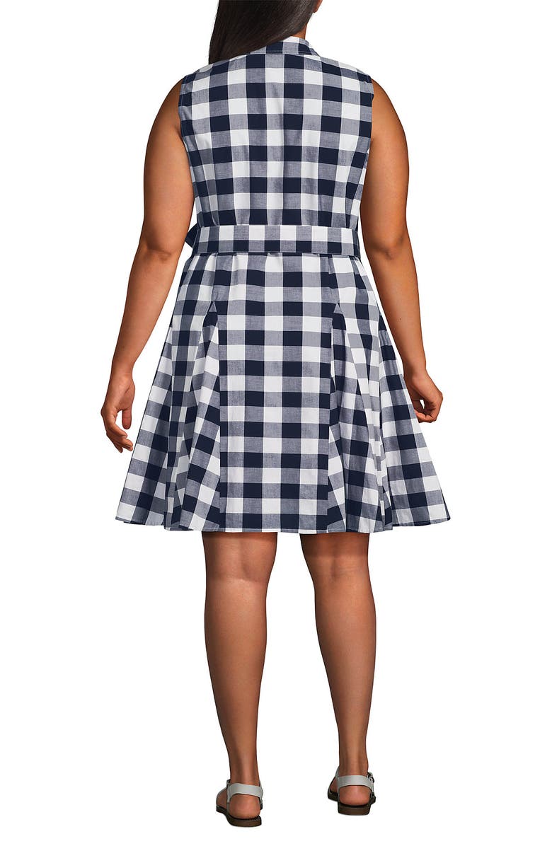 Lands' End Plus Size Poplin Button Front Dress with Godets, Alternate, color, Radiant Navy Gingham