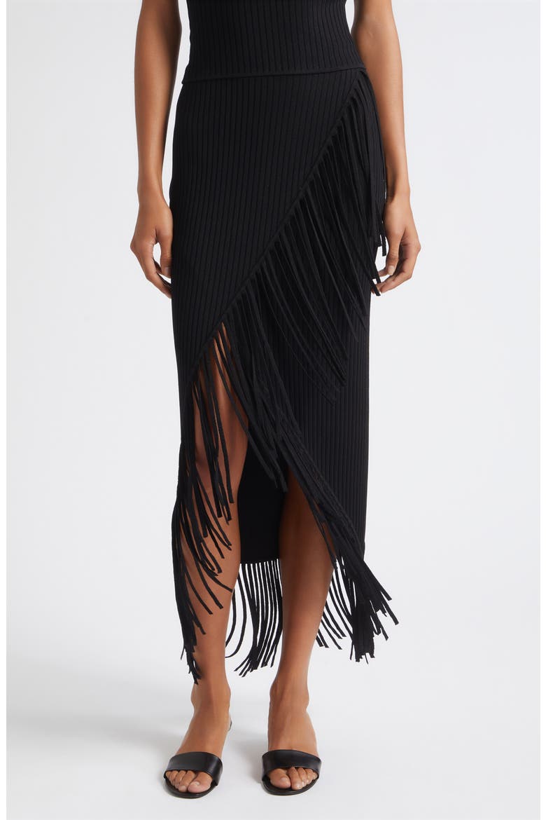 Giana Fringe Asymmetrical Midi Skirt, Main, color, JET