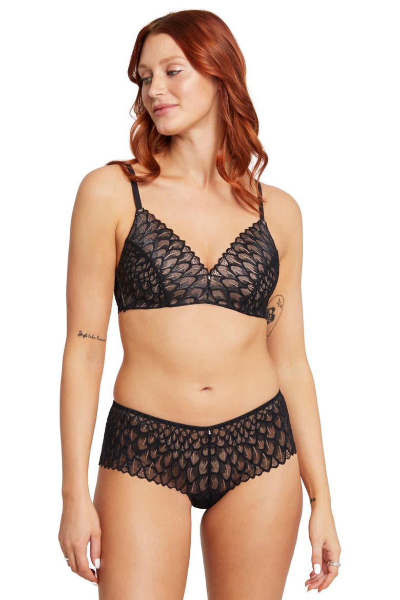 Feather Lace Brazilian Briefs, Alternate, color, BLACK