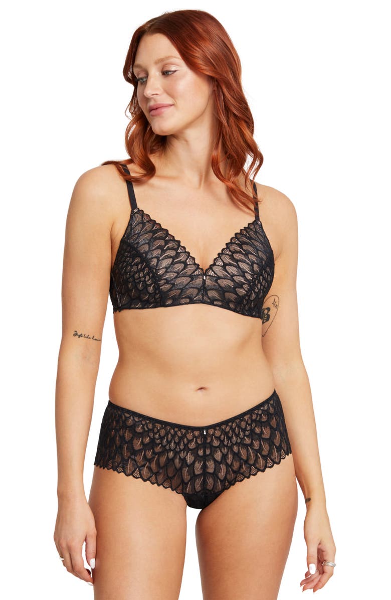 Montelle Intimates Feather Lace Brazilian Briefs, Alternate, color, Black