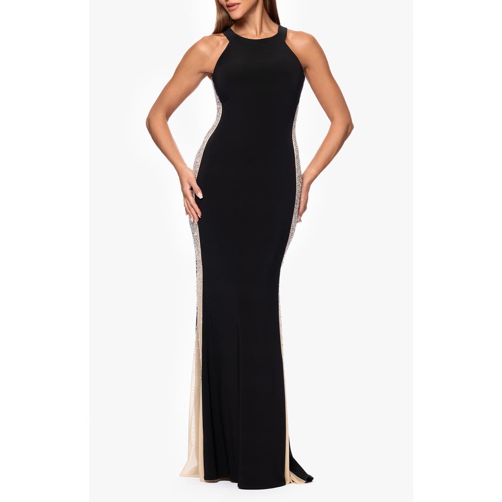 Xscape Evenings Beaded Mesh Detail Sleeveless Sheath Gown In Black/nude/silver